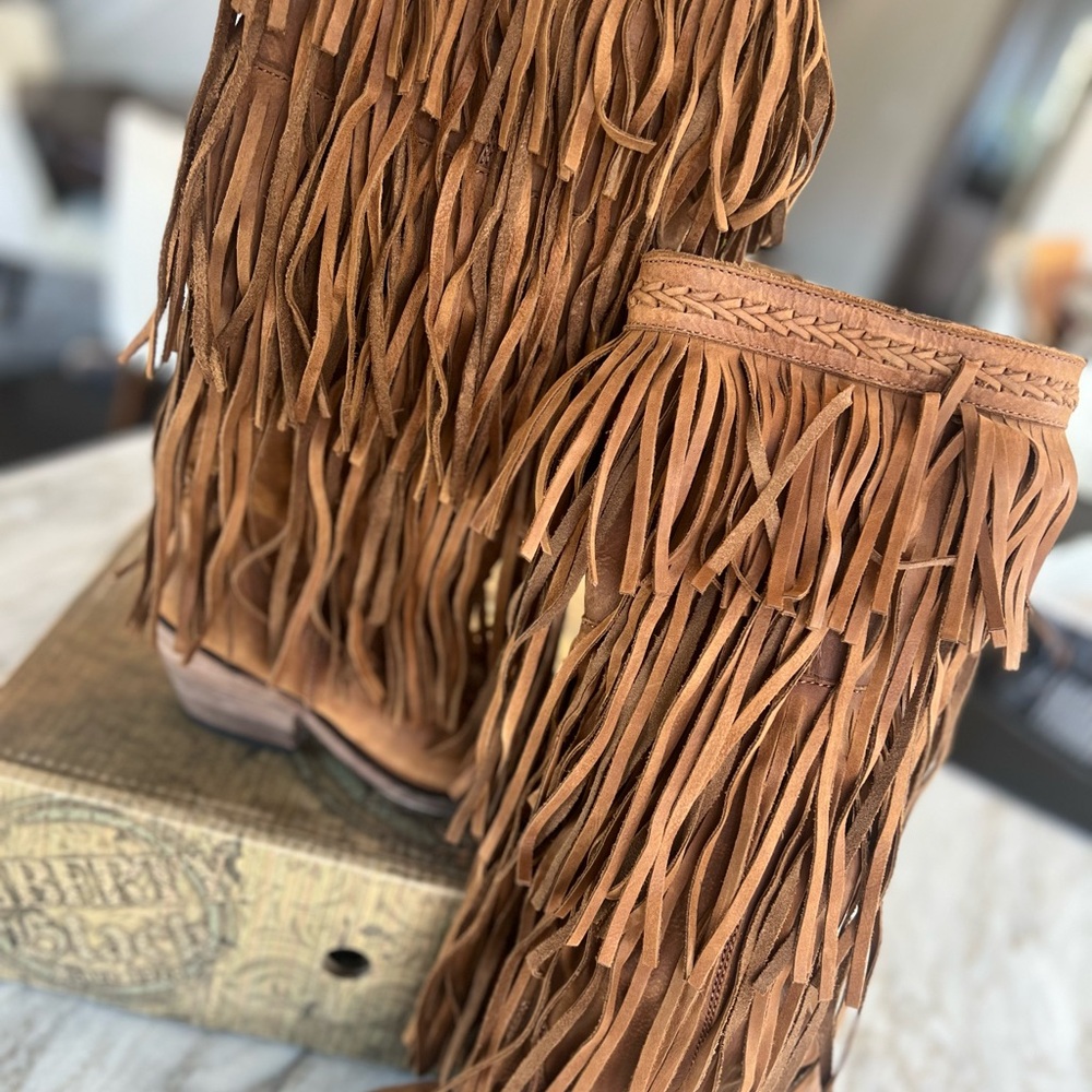 LIBERTY Black Tassel Fringe Suede Heeled Western Boots - Brown - Picture 2 of 2